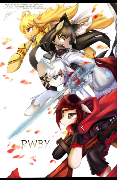 Size: 4500x6900 | Tagged: absurd resolution, artist:dishwasher1910, blake belladonna, crescent rose, derpibooru import, ember celica, gambol shroud, myrtenaster, ponified, ruby rose, rwby, safe, weiss schnee, yang xiao long