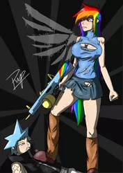 Size: 1518x2150 | Tagged: aa12, artist:pervertpumpkin, black star, breasts, busty rainbow dash, cleavage, clothes, commando, crossover, derpibooru import, erect nipples, female, gun, humanized, miniskirt, nipple outline, rainbow dash, shotgun, skirt, socks, soul eater, suggestive, torn clothes, weapon, zettai ryouiki