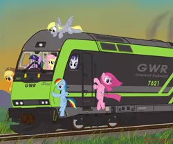 Size: 2469x2053 | Tagged: safe, artist:orang111, derpibooru import, applejack, derpy hooves, fluttershy, pinkie pie, rainbow dash, rarity, twilight sparkle, pegasus, pony, female, field, graywolf railroad, group, locomotive, mane six, mare, muffin, pinkamena diane pie, railroad, sunset, train