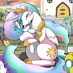 Size: 2000x2000 | Tagged: safe, artist:vavacung, derpibooru import, princess celestia, oc, oc:paper mache, alicorn, pony, unicorn, comic:to love god - to love mortal, blushing, canon x oc, crying, eyes closed, female, filly, happy, hug, mare, open mouth, smiling