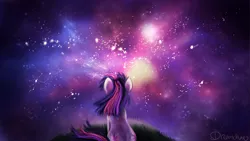 Size: 1920x1080 | Tagged: safe, artist:dream--chan, derpibooru import, twilight sparkle, pony, unicorn, behind, grass, nebula, scenery, sitting, sky, solo, space, stars, the cosmos