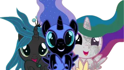 Size: 5120x2880 | Tagged: safe, artist:beavernator, derpibooru import, nightmare moon, princess celestia, queen chrysalis, alicorn, changeling, changeling queen, pony, beavernator is trying to murder us, cewestia, cute, cutealis, cutelestia, female, filly, foal, happy, looking at you, moonabetes, nightmare woon, simple background, smiling, smiling at you, trio, trio female, white background, younger