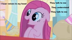 Size: 500x281 | Tagged: caption, derpibooru import, edit, edited screencap, insanity, party of one, pinkamena diane pie, pinkie pie, randy orton, rev theory, safe, screencap, solo, song reference, voices, wwe