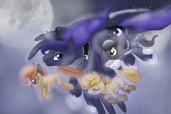 Size: 600x400 | Tagged: artist:nefarious-mewtwo, children of the night, derpibooru import, filly, flying, oc, oc:gari, oc:magpie, oc:spirit, princess luna, safe