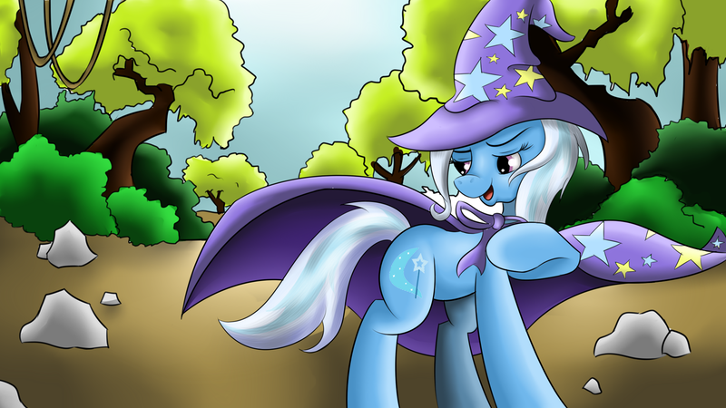 Size: 1920x1080 | Tagged: safe, artist:nyunimu, derpibooru import, trixie, pony, unicorn, everfree forest, female, mare, solo