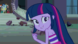 Size: 576x324 | Tagged: safe, derpibooru import, screencap, blueberry cake, curly winds, heath burns, paisley, some blue guy, sophisticata, teddy t. touchdown, twilight sparkle, twilight sparkle (alicorn), alicorn, equestria girls, equestria girls (movie), adorkable, animated, background human, bare shoulders, boots, canterlot high, cute, dork, embarrassed, fall formal outfits, grin, high heel boots, reaction image, sheepish grin, sleeveless, smiling, strapless