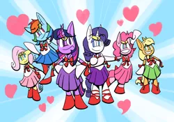 Size: 750x525 | Tagged: safe, derpibooru import, applejack, fluttershy, pinkie pie, rainbow dash, rarity, twilight sparkle, pony, bipedal, sailor ponies, sailor uniform, sunburst background