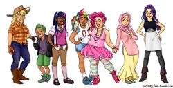 Size: 1280x655 | Tagged: safe, artist:serenity-fails, derpibooru import, applejack, fluttershy, pinkie pie, rainbow dash, rarity, spike, twilight sparkle, human, fat, glasses, hijab, humanized, image, islam, islamashy, line-up, mane seven, mane six, png, why meph why