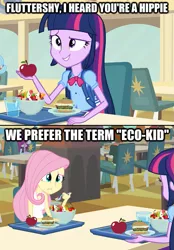 Size: 481x690 | Tagged: safe, artist:almetheus-nol, derpibooru import, edit, edited screencap, screencap, fluttershy, mystery mint, nolan north, twilight sparkle, equestria girls, equestria girls (movie), apple, background human, burger, comic, food, fruit salad, hippie, hippieshy, image macro, salad, screencap comic