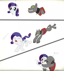 Size: 1079x1200 | Tagged: safe, artist:the-laughing-horror, derpibooru import, rarity, rover, diamond dog, pony, unicorn, adorable distress, chase, comic, cute, dialogue, eyes closed, female, floppy ears, frown, grin, hape, help me, hug, male, mare, non-consensual cuddling, open mouth, raribetes, running, screaming, simple background, squishy cheeks, white background