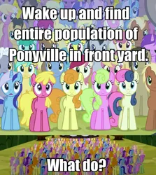 Size: 833x932 | Tagged: safe, derpibooru import, edit, edited screencap, screencap, berry punch, berryshine, blues, bon bon, carrot top, cherry berry, cherry cola, cherry fizzy, cloud kicker, coco crusoe, daisy, derpy hooves, dizzy twister, doctor whooves, flower wishes, fluttershy, golden harvest, goldengrape, lemon hearts, lily, lily valley, lucky clover, meadow song, merry may, minuette, noteworthy, orange swirl, rainbowshine, roseluck, royal riff, sassaflash, sea swirl, seafoam, sir colton vines iii, spring melody, sprinkle medley, sunshower raindrops, sweetie drops, time turner, twinkleshine, earth pony, pegasus, pony, unicorn, background pony, background pony audience, clones, female, flower trio, image macro, male, mare, meme, stallion, what do