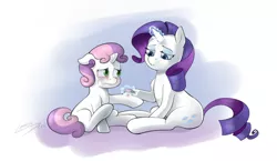 Size: 1280x744 | Tagged: safe, artist:lemondevil, derpibooru import, rarity, sweetie belle, pony, unicorn, bandaid, comforting, crying, cute, duo, female, filly, injured, magic, mare, siblings, sisterly love, sisters, sitting, telekinesis