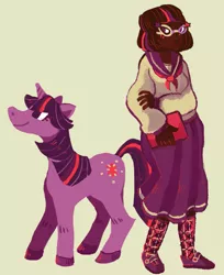 Size: 1261x1542 | Tagged: safe, artist:jununy, derpibooru import, twilight sparkle, human, unicorn, blackwashing, clothes, dark skin, glasses, humanized, image, png, self ponidox, simple background, skirt