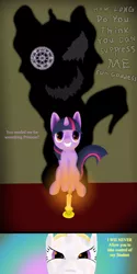 Size: 1050x2100 | Tagged: semi-grimdark, artist:the-laughing-horror, derpibooru import, princess celestia, twilight sparkle, pony, unicorn, evil side, possessed