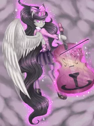 Size: 2121x2827 | Tagged: alicorn, alicornified, anthro, arm hooves, artist:misukitty, bow, bow (instrument), cello, cello bow, clothes, female, flying, large voluminous hair, magic, musical instrument, octacorn, octavia melody, race swap, safe, semi-anthro, solo