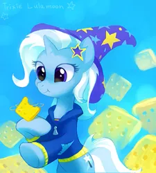 Size: 595x660 | Tagged: dead source, safe, artist:tomatocoup, derpibooru import, trixie, pony, unicorn, clothes, crackers, cute, diatrixes, eating, equestria girls outfit, female, food, hat, hoodie, mare, peanut butter, peanut butter crackers, solo, trixie's hat