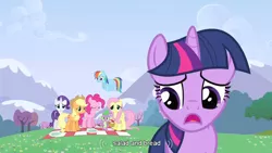 Size: 854x480 | Tagged: safe, derpibooru import, screencap, applejack, fluttershy, pinkie pie, rainbow dash, rarity, twilight sparkle, a canterlot wedding, mane six, meme, youtube caption