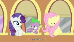 Size: 854x480 | Tagged: safe, derpibooru import, screencap, fluttershy, rarity, spike, a canterlot wedding, meme, youtube caption