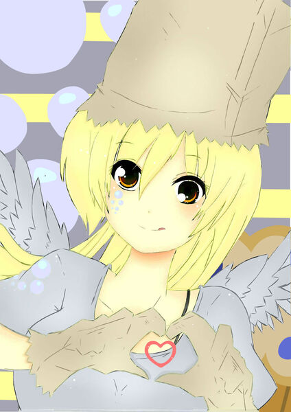 Size: 1024x1448 | Tagged: artist:invader-celes, derpibooru import, derpy hooves, heart, humanized, nightmare night, paper bag, paper bag wizard, safe, solo, winged humanization