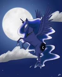 Size: 1024x1273 | Tagged: artist:resarose, children of the night, cloud, cloudy, derpibooru import, flying, moon, night, princess luna, safe, solo