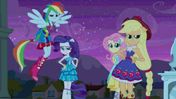 Size: 576x324 | Tagged: safe, derpibooru import, screencap, applejack, fluttershy, pinkie pie, rainbow dash, rarity, equestria girls, equestria girls (movie), animated, cute, fall formal outfits, hug, humane five, ponied up, tongue out