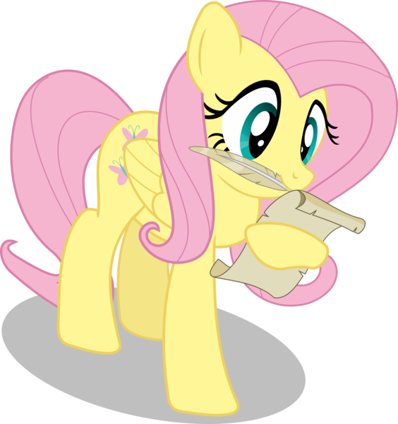 Size: 2576x2740 | Tagged: artist:matty4z, cute, derpibooru import, fluttershy, mouth hold, quill, safe, scroll, simple background, smiling, solo, transparent background, vector, writing