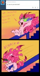 Size: 850x1600 | Tagged: artist:ichibangravity, ask king sombra pie, banister, derpibooru import, king sombra, pinkie pie, possession, safe, stairs, tumblr