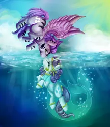 Size: 830x962 | Tagged: safe, artist:twiddledittle, derpibooru import, rarity, oc, oc:kydose, mermaid, pegasus, pony, unicorn, canon x oc, clothes, dress, love, markings, noseboop, ocean, raridose, shipping, sky, underwater, water