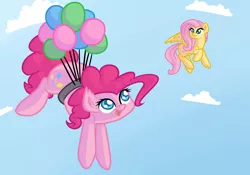 Size: 2000x1400 | Tagged: artist:oblivinite, balloon, derpibooru import, fluttershy, flying, frown, open mouth, pinkie pie, raised hoof, safe, smiling, spread wings, then watch her balloons lift her up to the sky