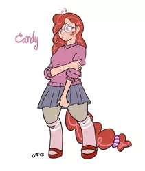 Size: 1200x1423 | Tagged: artist:moronsonofboron, clothes, derpibooru import, glasses, mary janes, oc, oc:candy, offspring, parent:twist, safe, satyr, skirt, socks, solo, sweater, unofficial characters only