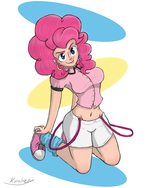 Size: 990x1232 | Tagged: artist:kwaken, belly button, converse, derpibooru import, humanized, midriff, pinkie pie, safe, shoes, solo, suspenders