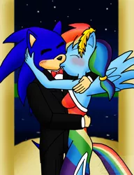 Size: 1268x1652 | Tagged: anthro, artist:sonigoku, blushing, clothes, crossover, crossover shipping, derpibooru import, dress, female, gala dress, kissing, male, rainbow dash, safe, sonicdash, sonic the hedgehog, sonic the hedgehog (series), straight, tuxedo