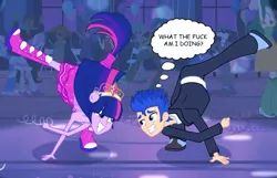 Size: 1003x644 | Tagged: safe, derpibooru import, edit, edited screencap, screencap, flash sentry, twilight sparkle, equestria girls, equestria girls (movie), dancing, fall formal outfits, humans doing horse things, ponied up, thought bubble, vulgar