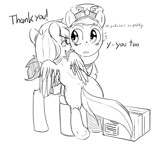 Size: 851x750 | Tagged: safe, artist:mewball, derpibooru import, care package, derpy hooves, special delivery, pegasus, pony, blushing, female, hug, mare, monochrome