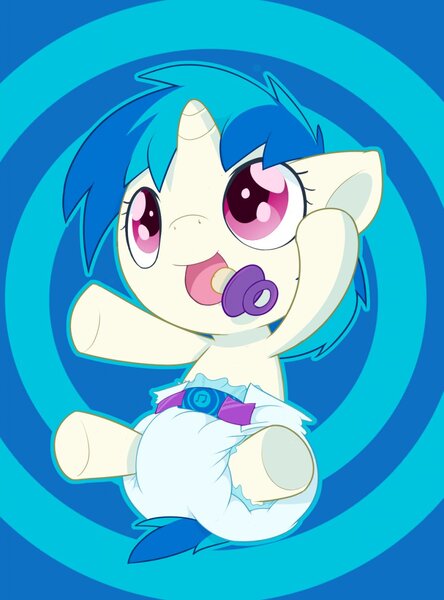 Size: 947x1280 | Tagged: safe, artist:cuddlehooves, derpibooru import, vinyl scratch, pony, baby, baby pony, cuddlehooves is trying to murder us, cute, diaper, foal, pacifier, poofy diaper, solo, vinylbetes