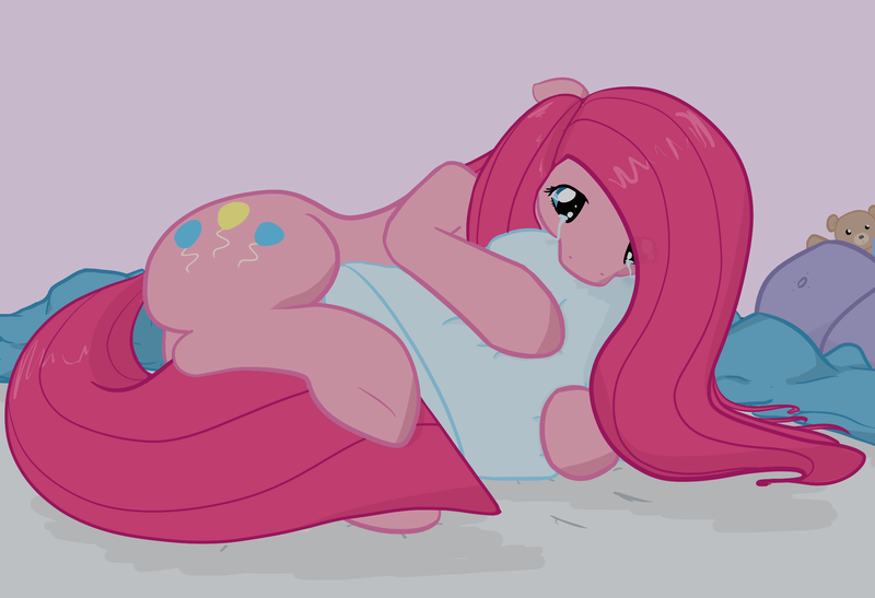 Size: 2205x1509 | Tagged: safe, artist:fribox, derpibooru import, pinkie pie, earth pony, pony, crying, female, hug, lonely, pillow, pinkamena diane pie, sad, solo