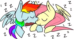 Size: 500x268 | Tagged: safe, artist:ghost, derpibooru import, fluttershy, rainbow dash, pegasus, pony, drool, eyes closed, female, flutterdash, lesbian, shipping, simple background, sleeping, smiling, wavy mouth, white background, zzz