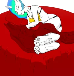 Size: 854x869 | Tagged: anthro, artist:drknite007, barefoot, bed, bikini, breasts, clothes, derpibooru import, feet, female, foot fetish, plantigrade anthro, princess celestia, sleeping, soles, solo, solo female, suggestive, swimsuit, toes