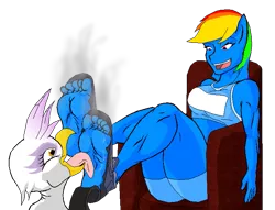 Size: 705x540 | Tagged: suggestive, artist:drknite007, derpibooru import, gilda, rainbow dash, anthro, gryphon, plantigrade anthro, barefoot, breasts, feet, female, foot fetish, foot worship, lesbian, licking, licking foot, smelly, soles, stinky feet, sweat, toes, visible stench