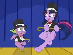 Size: 1213x917 | Tagged: safe, artist:joey darkmeat, artist:shawnyall, derpibooru import, spike, twilight sparkle, pony, bipedal, cane, clothes, cute, dancing, hat, stage, top hat, tuxedo