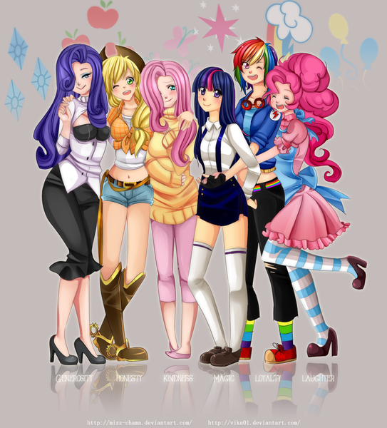 Size: 1154x1275 | Tagged: safe, artist:mizz-chama, artist:vika01, derpibooru import, applejack, fluttershy, pinkie pie, rainbow dash, rarity, twilight sparkle, human, boots, clothes, converse, cowboy hat, cute, dashabetes, denim, diapinkes, front knot midriff, hair over one eye, hat, high heels, hug, hug from behind, humanized, jackabetes, line-up, mane six, midriff, pantyhose, rainbow socks, raribetes, shoes, shorts, shyabetes, skirt, socks, spurs, stetson, striped socks, suspenders, sweater, sweatershy, thigh highs, tube skirt, twiabetes, underbust, zettai ryouiki