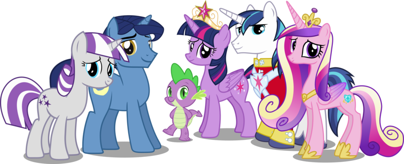 Size: 3784x1544 | Tagged: safe, artist:vector-brony, derpibooru import, night light, princess cadance, shining armor, spike, twilight sparkle, twilight sparkle (alicorn), twilight velvet, alicorn, pony, element of magic, female, mare, simple background, sparkle family, spike's family, spike's parents, transparent background, twilight's family, twilight's parents, vector