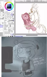 Size: 518x839 | Tagged: safe, artist:php9, derpibooru import, discord, pinkie pie, human, brony, computer, dark, discopie, drawing, shipping, tablet, wip