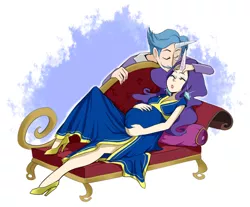 Size: 940x780 | Tagged: artist:ssenarrya, clothes, derpibooru import, dress, earring, eyes closed, fainting couch, fancypants, female, high heels, horned humanization, humanized, male, on back, pregnant, raripants, rarity, safe, shipping, sleeping, smiling, straight