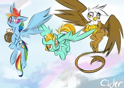 Size: 1400x1000 | Tagged: safe, artist:cider, derpibooru import, gilda, lightning dust, rainbow dash, gryphon, cider, drink, flying