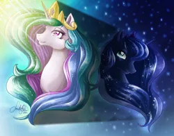 Size: 2298x1800 | Tagged: alicorn, artist:jadedjynx, bust, crying, derpibooru import, female, jewelry, princess celestia, princess luna, regalia, royal sisters, safe, shadow, siblings, sisters, stars, sunlight