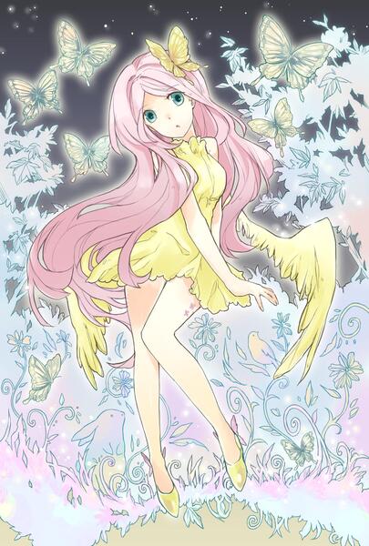 Size: 1168x1730 | Tagged: safe, artist:lillin, derpibooru import, fluttershy, butterfly, humanized, pixiv, solo, winged humanization