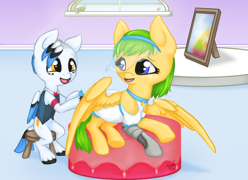 Size: 1048x763 | Tagged: safe, artist:imaginarypony, derpibooru import, oc, oc:gold star, oc:pin stitch, unofficial characters only, cyborg, pegasus, pony, amputee, clothes, dress, pale orange, prosthetic limb, prosthetics, veil, wedding, wedding dress, white, wings