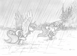 Size: 1500x1101 | Tagged: safe, artist:onkelscrut, derpibooru import, princess celestia, princess luna, alicorn, pony, canterlot, duo, female, grayscale, mare, missing accessory, monochrome, rain, royal sisters, running, spread wings, wings, younger