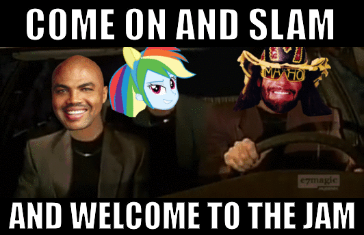 Size: 532x344 | Tagged: safe, derpibooru import, rainbow dash, human, equestria girls, animated, charles barkley, come on and slam, image macro, randy savage, welcome to the jam, what is love
